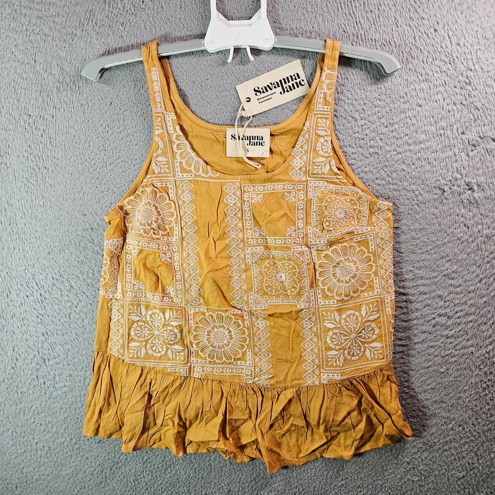 NEW Savanna Jane Tank Top Women Small Embroidered White Tan Boho Cottoncore